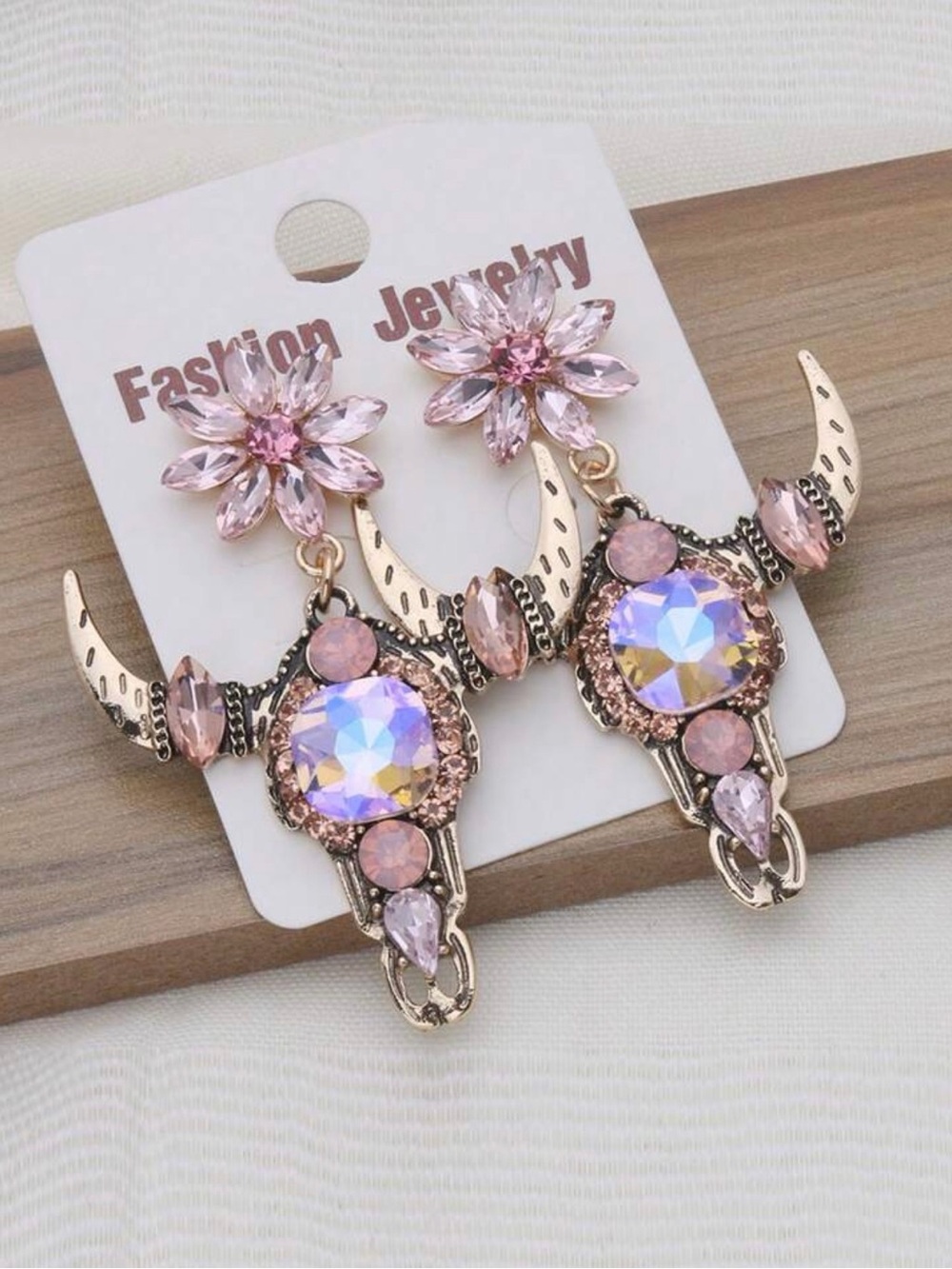 Pink Crystal Floral Longhorn Statement Earrings - Fashion Jewelry